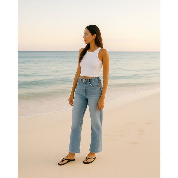 Moussy Vintage High Waisted Straight Leg Jeans with Frayed Hem - Picture 1 of 10